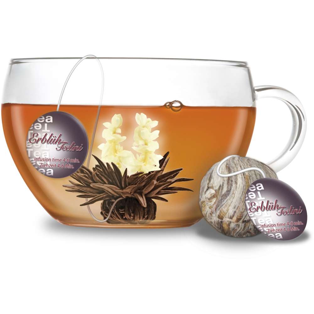 Creano Teelini Teeblumen im Tassenformat, Geschenkset in Teekiste aus Holz, 12 ErblühTeelini in 4 Sorten | Schwarzer Tee