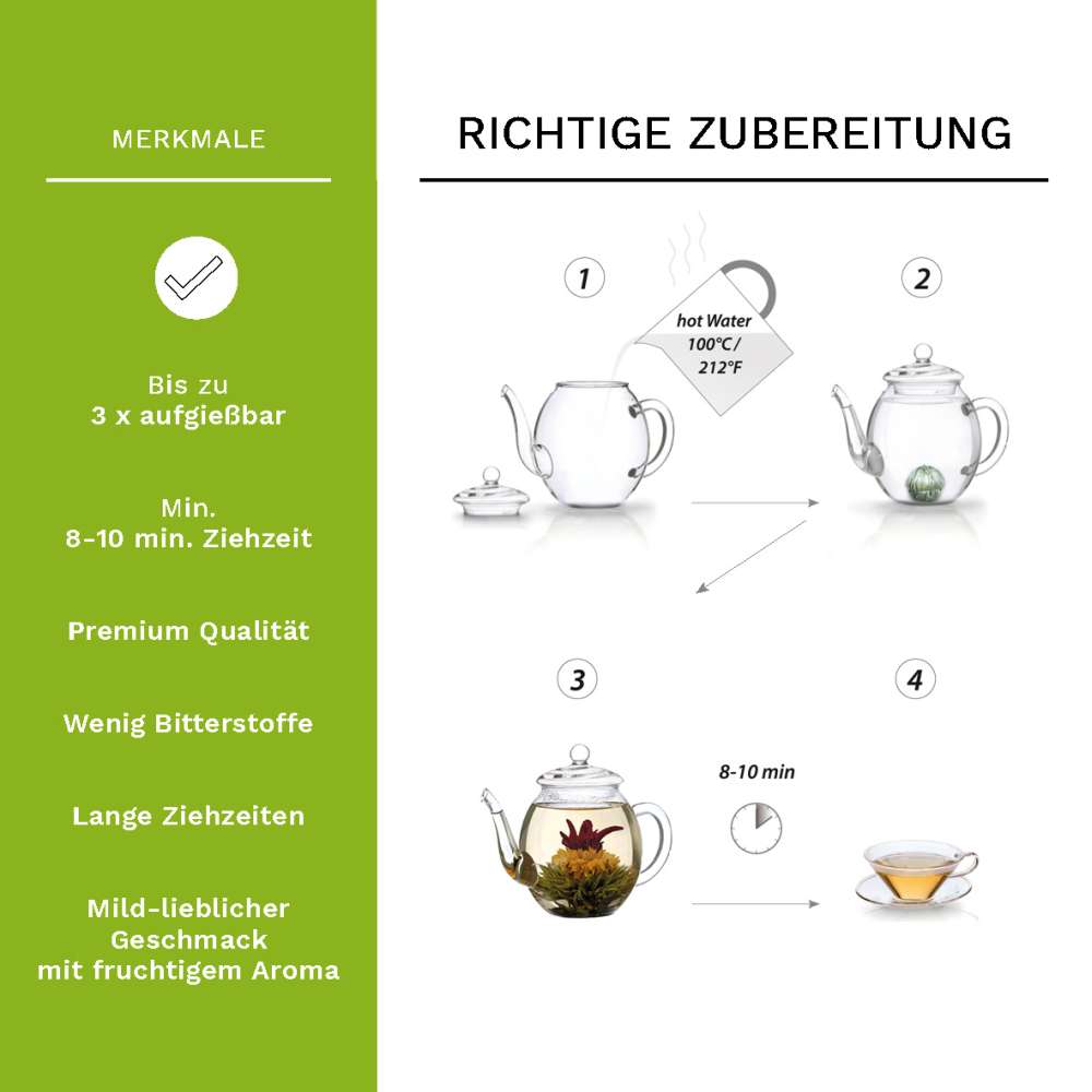 Creano Teeblumen Geschenkset in Holz Teekiste 12 Erblühtee in 6 Sorten grüner Tee fruchtig aromatisiert, Fruity Flavor