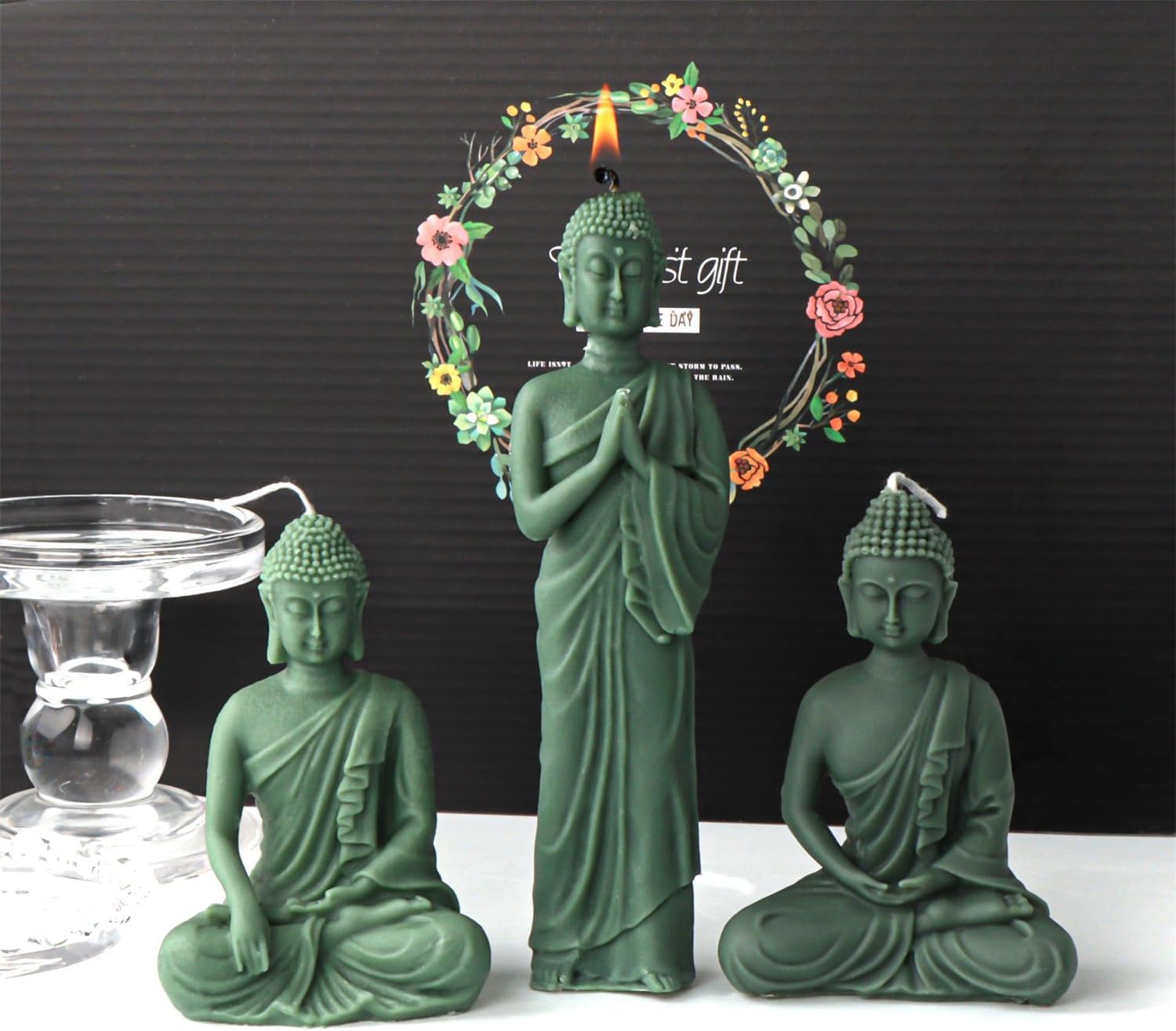 Buddha-Kerzen – 3 Positionen auf Keramikplatte