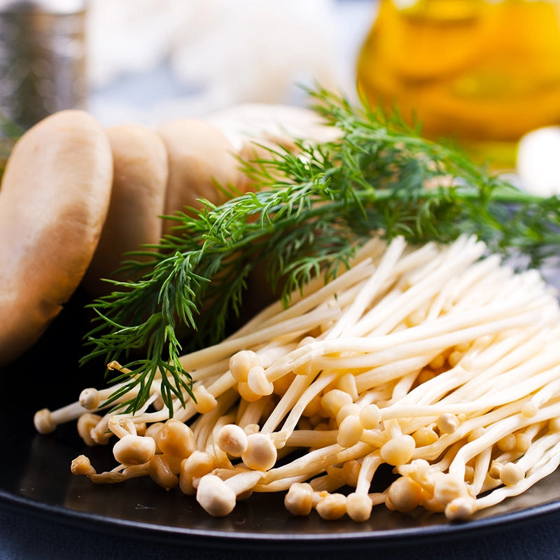 Enoki Pilze auf einem Teller mit Champignons und Kräutern