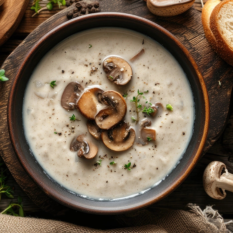 Pilzsuppe mit Pilzpulver darin und frischen Pilzen obendrauf