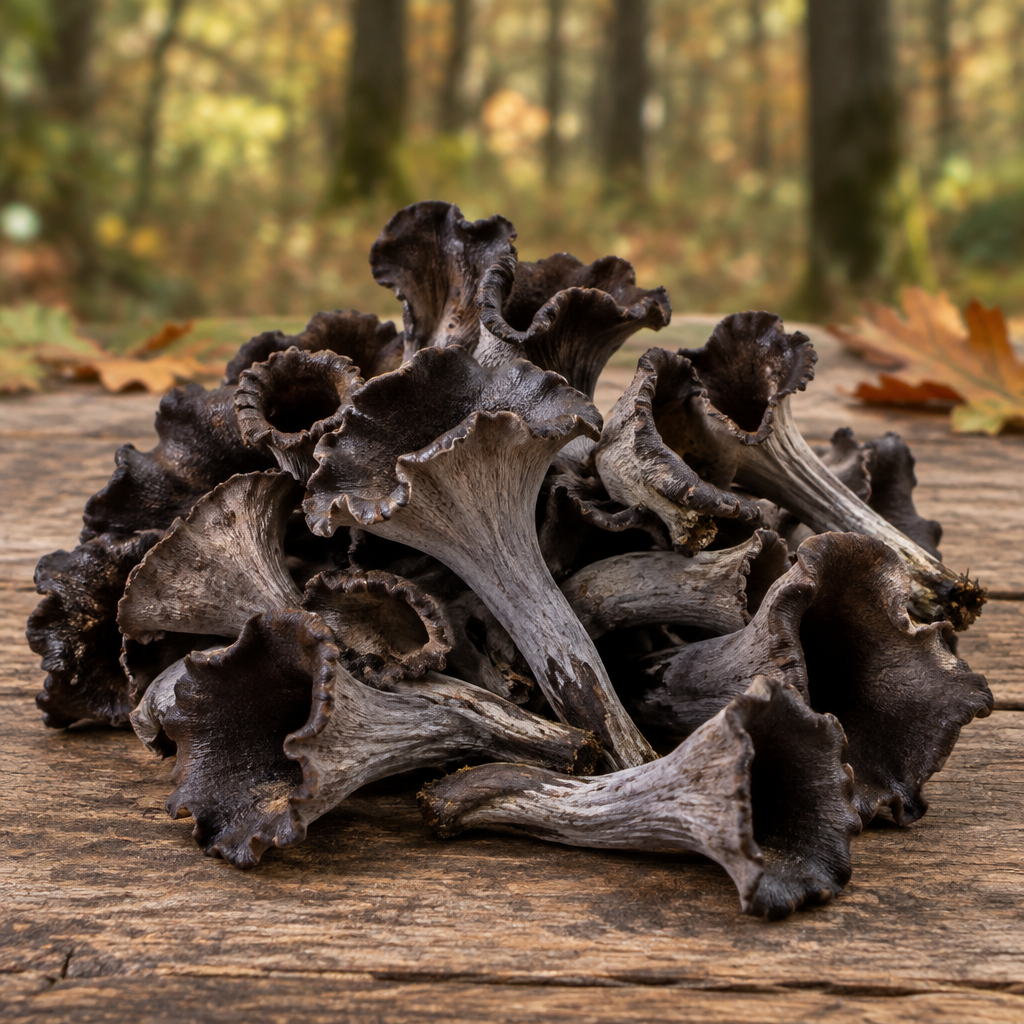 Herbsttrompeten cu fundal de pădure