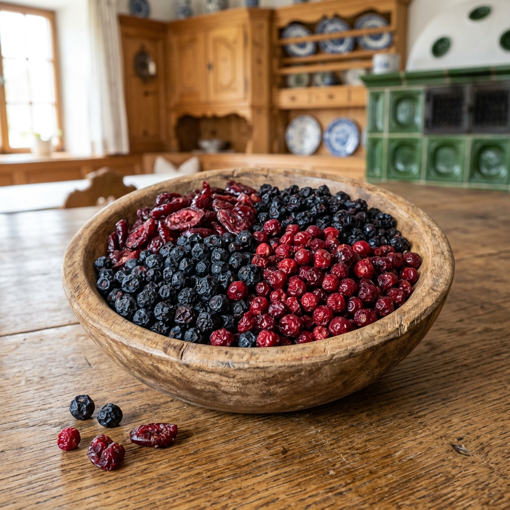 Mix de trei fructe uscate într-un bol de lemn, într-o bucătărie bavareză