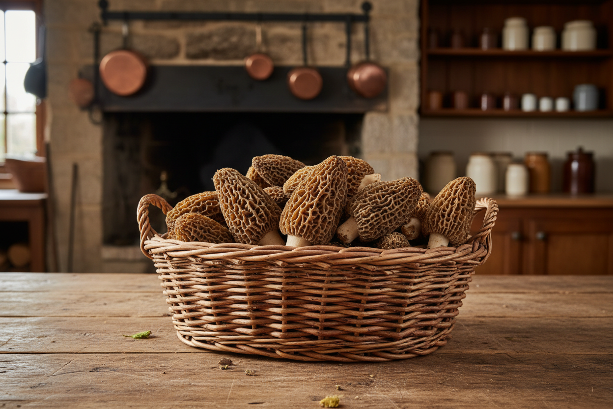 Morcheln im Weidenkorb
