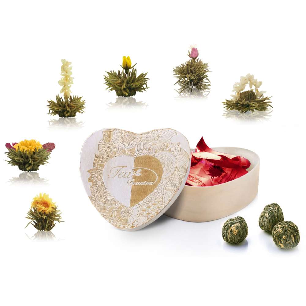 Creano 6er Erblüh Tee in Herz-Holzschachtel „Weißer Tee“