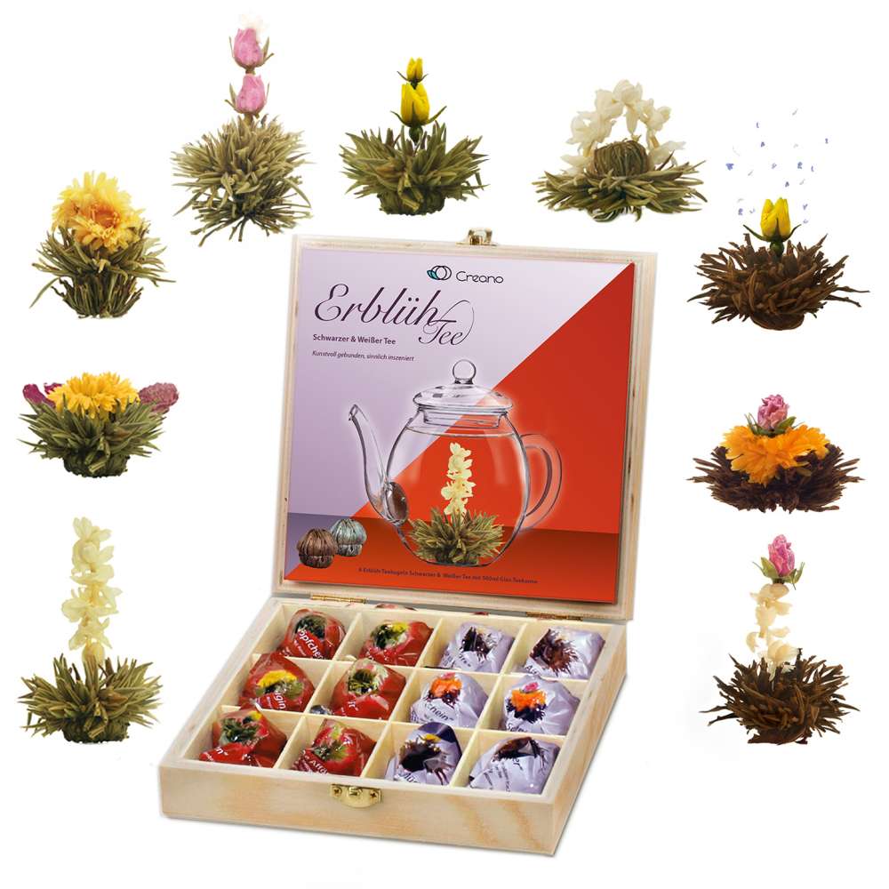 Creano Teeblumen Geschenkset in Teekiste aus Holz 12 Erblühtee in 9 Sorten Weißtee & Schwarztee