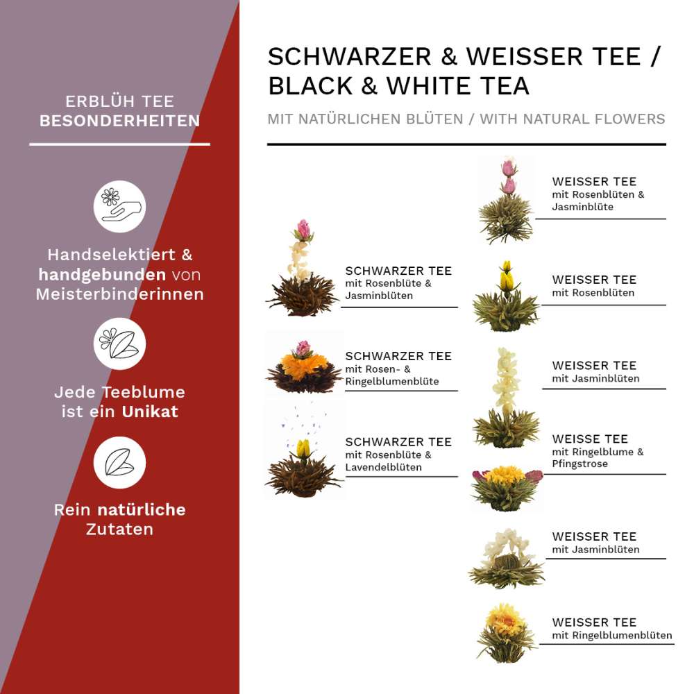 Creano Teeblumen Geschenkset in Teekiste aus Holz 12 Erblühtee in 9 Sorten Weißtee & Schwarztee