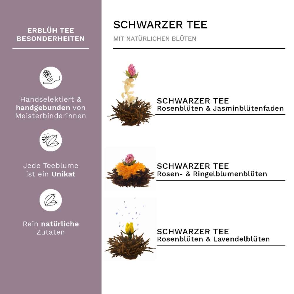 Creano Teelini Teeblumen im Tassenformat, Geschenkset in Teekiste aus Holz, 12 ErblühTeelini in 4 Sorten | Schwarzer Tee