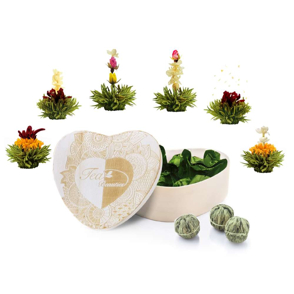 6er Erblüh Tee in Herz-Holzschachtel „Grüner Tee“