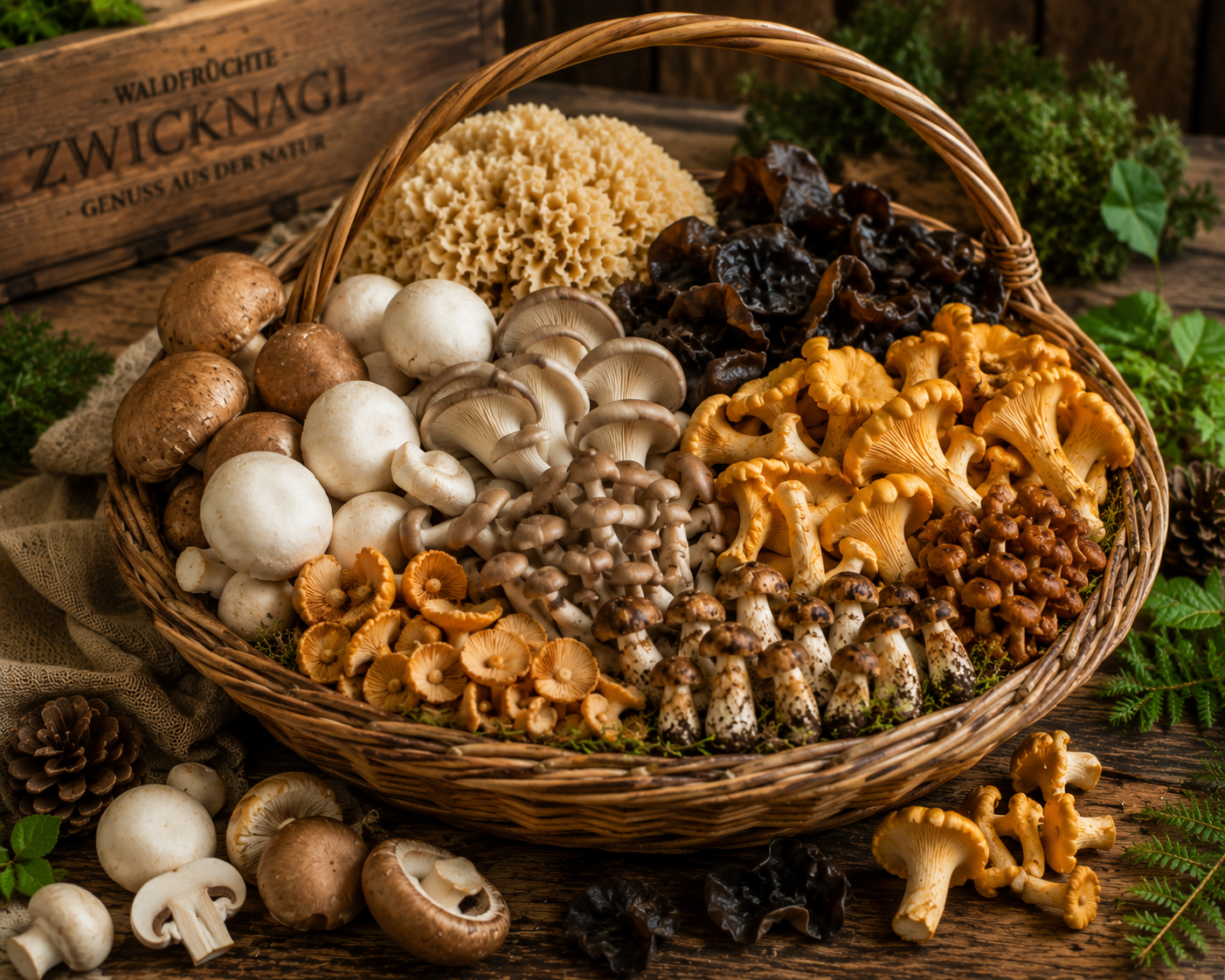 Frische Pilze und 1 Packung Pilzpulver für Soße