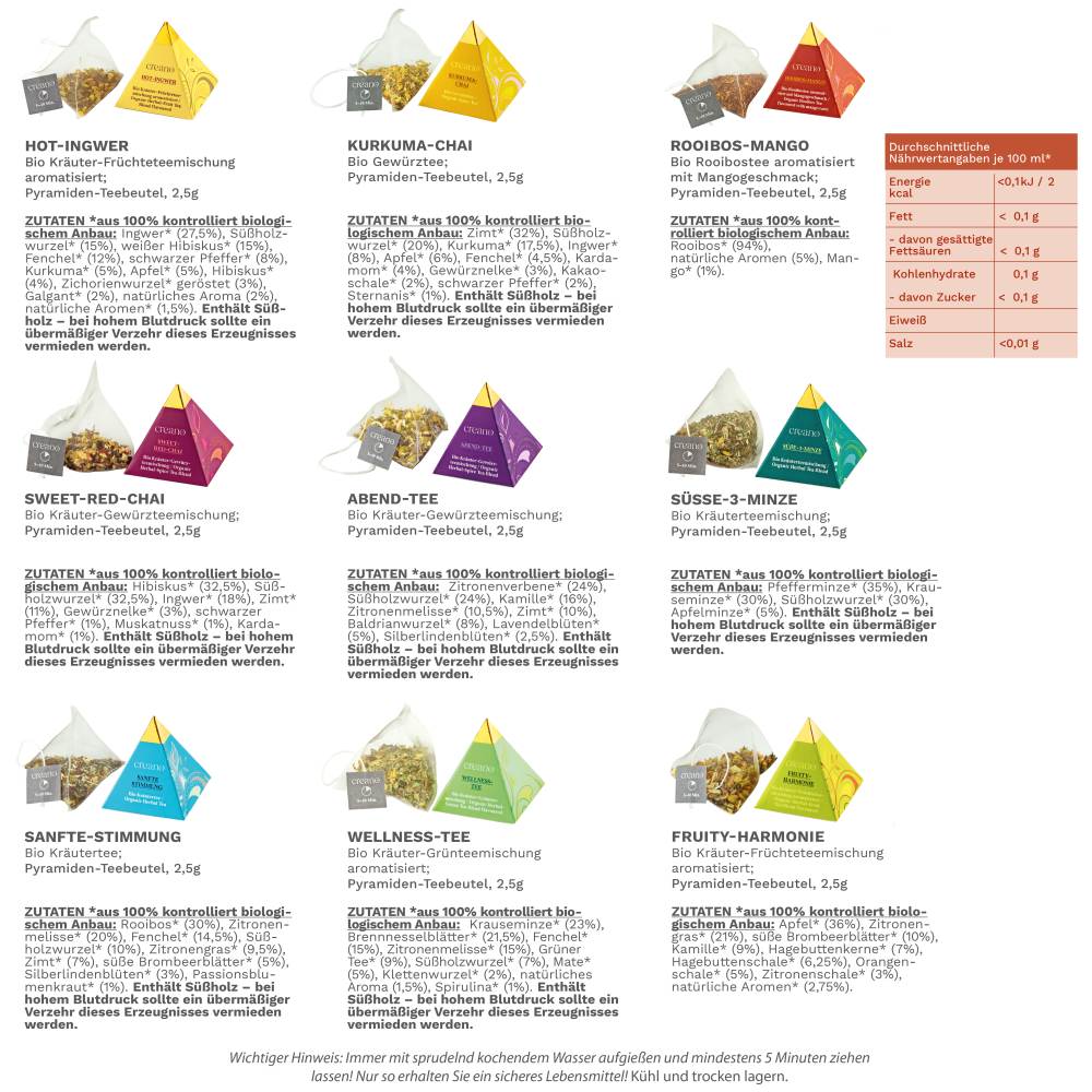 Bio Kräutertee 12er Pyramiden Geschenkset „ORGANIC HERBAL TEA“ – 12 Bio-Pyramiden-Teebeutel in 9 unterschiedlichen Sorten – 30g