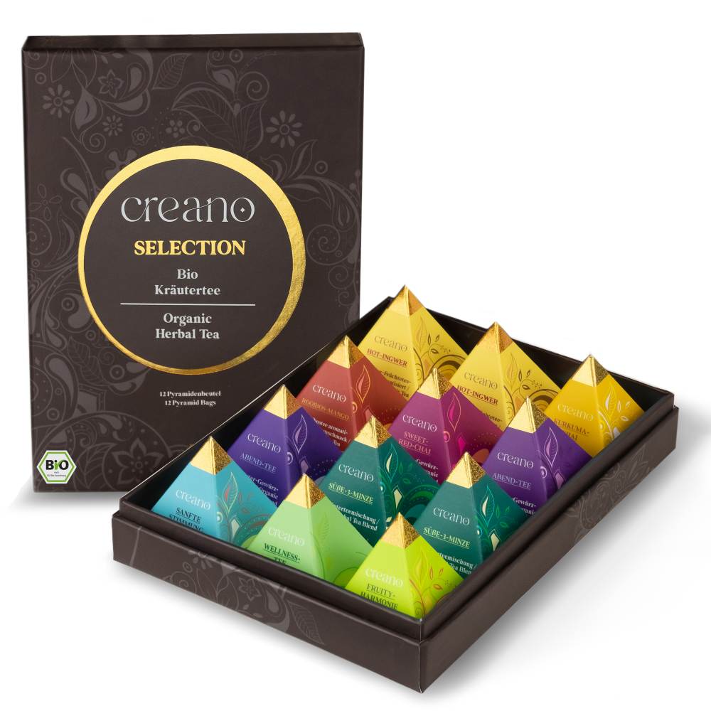 Bio Kräutertee 12er Pyramiden Geschenkset „ORGANIC HERBAL TEA“ – 12 Bio-Pyramiden-Teebeutel in 9 unterschiedlichen Sorten – 30g
