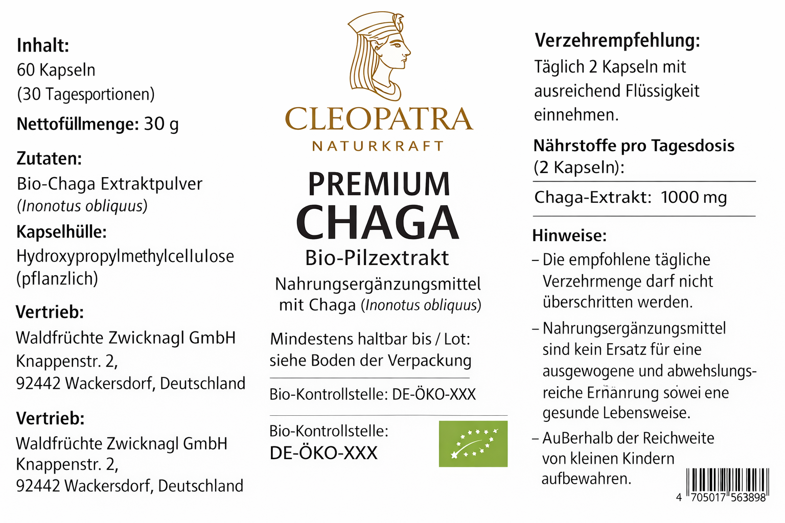 Premium Chaga Bio-Pilzextrakt Kapseln