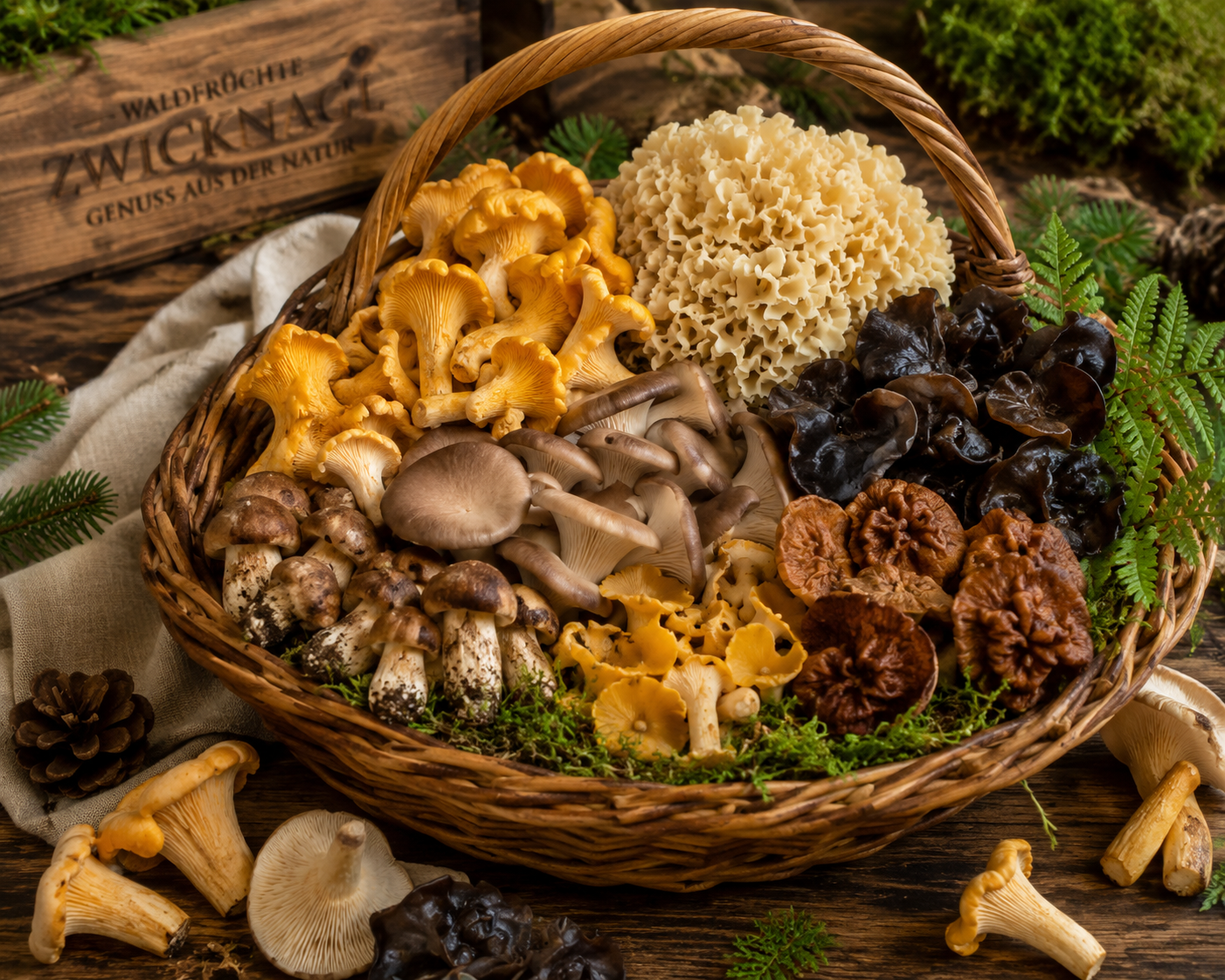 Frische Pilze und 1 Packung Pilzpulver für Soße
