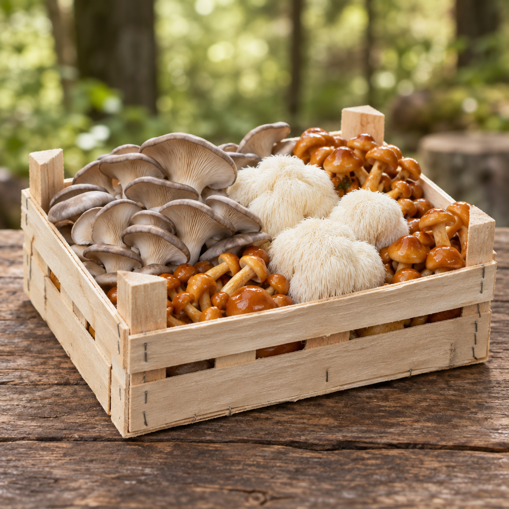 Lădiță cu Pleurotus, Hericium și Nameko