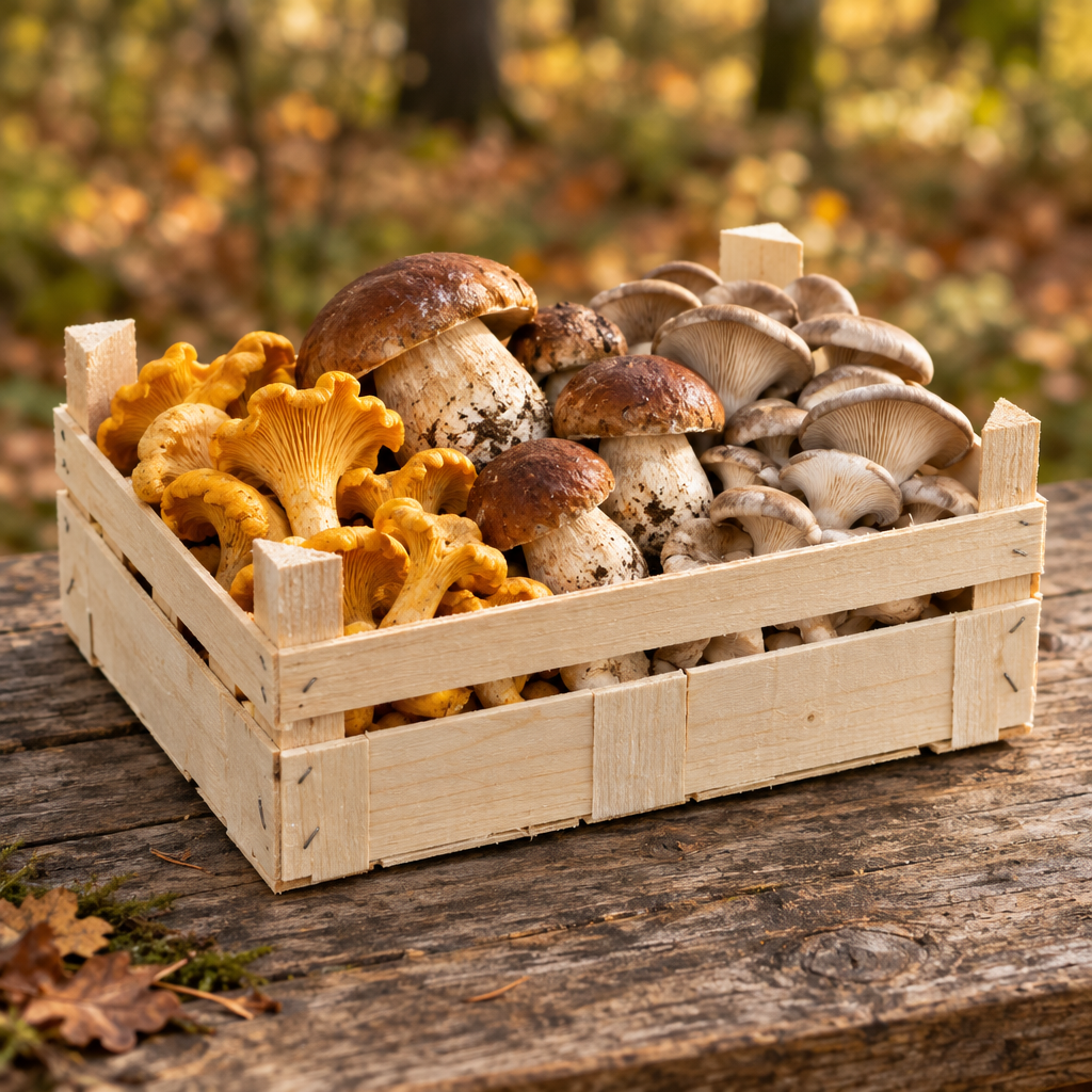 Pilze-Überraschungsbox în lădiță din lemn