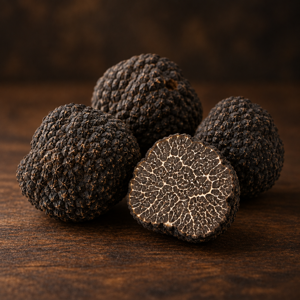Trufe negre Tuber indicum pe fundal rustic din lemn închis